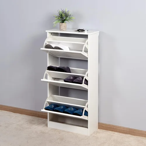 Miniatura 2 de Armario de madera para zapatos con 3 cajones abatibles, organizador de almacenamiento de zapatos independiente con puerta con listones y estante