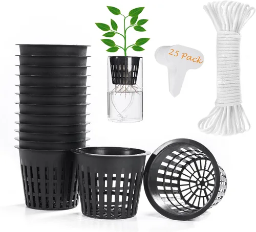 Miniatura 10 de ORIMERC Macetas de red de 4 pulgadas, paquete de 20 tazas de red con cuerda de riego automático de 20 pies y etiquetas para plantas, para acuapónica