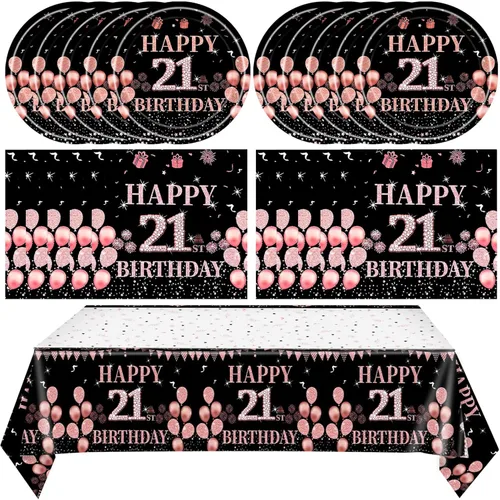 Miniatura 8 de 41 piezas de decoraciones de 90 cumpleaños para mujeres, platos y servilletas de 90 cumpleaños en negro y oro rosa, juego de vajilla de feliz