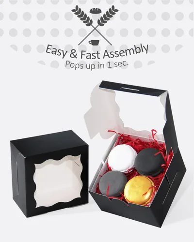 Miniatura 2 de qiqee Cajas de panadería negras con ventana de 4 x 4 x 2.5 pulgadas, 100 paquetes de mini cajas de galletas para macarrones, cajas de pastelería