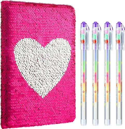 Miniatura 13 de Outus Diario de San Valentín con lentejuelas para niñas, 4 unidades, con bolígrafos de tinta de gel de color, cuaderno con purpurina, diario