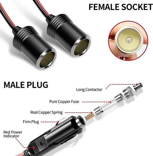 Miniatura 3 de Energeaster Divisor de encendedor de cigarrillos de coche de 16 pulgadas de 1 a 2 con luz LED, enchufe de 12 V 24 V, divisor de 2 vías Y, cable