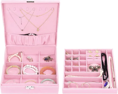Miniatura 18 de MOSISO Joyero, organizador de almacenamiento de joyas, apilable, de doble capa, con bloqueo, para mujeres, collar, aretes, pulsera, anillo y broche
