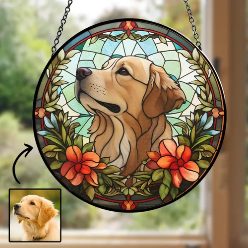 Miniatura 2 de Wrappiness Atrapasoles personalizado para retrato de perro con vitrales – Foto personalizada para perros, regalo de condolencias más profunda por