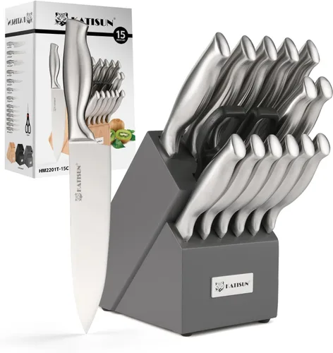 Miniatura 8 de Juego de cuchillos de cocina de 15 piezas con afilador integrado, juego de bloques de cuchillos de acero inoxidable alemán, apto para lavavajillas