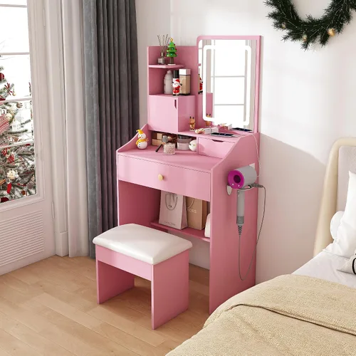 Miniatura 6 de Escritorio pequeño con espejo y luces, juego de tocador de maquillaje rosa con 2 cajones y taburete, tocador de maquillaje compacto para dormitorio