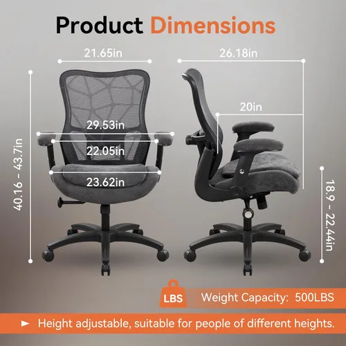 Miniatura 2 de Silla de oficina de 500 libras, silla de escritorio ergonómica de malla grande y alta, resistente con asiento extra ancho de 24 pulgadas, soporte