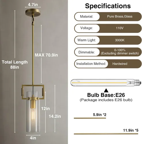 Miniatura 2 de Luces colgantes modernas de latón, paquete de 2, iluminación de isla de granja de vidrio de 12 pulgadas para cocina, comedor, baño y dormitorio