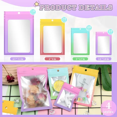Miniatura 35 de 120 bolsas de tereftalato de polietileno a prueba de olores, bolsa de embalaje holográfica resellable con ventana transparente para alimentos