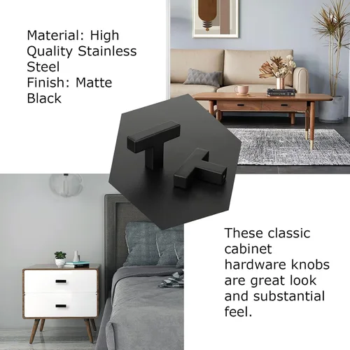 Miniatura 16 de LONTAN Paquete de 4 Pomos Negros para Gabinetes y Cajones Pomos de Gabinete de Cocina para Tocador Baño Moderno Herrajes Negros de Barra en T
