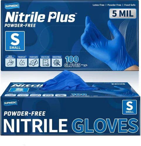 Supmedic Disposable Nitrile Gloves, 5Mil Chemical Resistant Powder-Free Latex-Free Glove Exam Cook Tattoo, Black Blue 100Pcs (azul) s