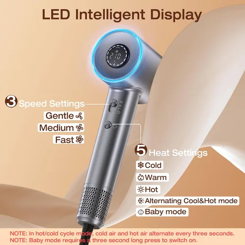 Miniatura 2 de Secador de pelo, 160000 RPM, alta velocidad, 1400 W, secador de pelo iónico negativo de 500 millones, 3 velocidades y 5 temperaturas, secado rápido
