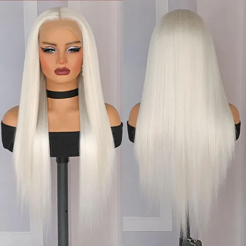 Miniatura 5 de Lovestory Peluca de encaje frontal larga y recta color blanco platino, predepilada, rubio platino, pelucas de encaje frontal sintético para mujeres