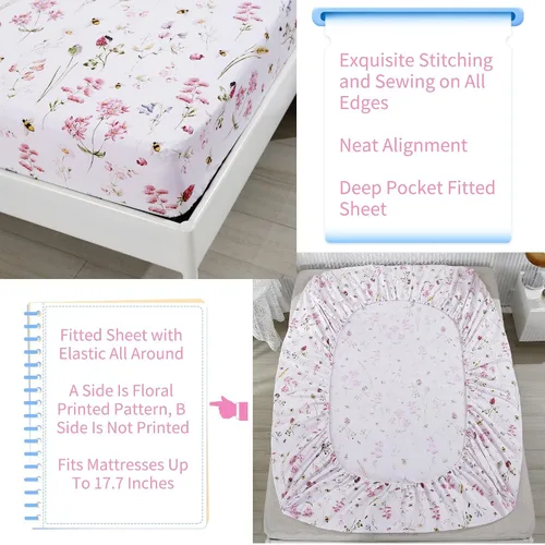 Miniatura 5 de RYNGHIPY Juego de sábanas de algodón con estampado floral de abejas Shabby, con fundas de almohada, juego de ropa de cama de algodón egipcio