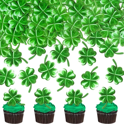 Miniatura 15 de Juego de 1 palillos para tartas de trébol, decoración de trébol con purpurina verde dorada para cumpleaños, baby shower, suministros de fiesta