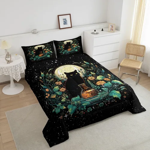 Miniatura 3 de Castle Fairy Juego de edredón con diseño de gato lindo para niños, tamaño twin, juego de ropa de cama con hojas de flores, luna, noche y cielo