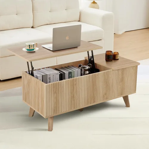 Miniatura 2 de Mesa auxiliar bohemia con tapa elevable con almacenamiento para sala de estar, dormitorio, mesa auxiliar rectangular baja acanalada con cajones