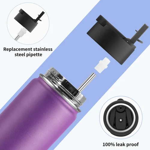 Miniatura 7 de koodee Botella de agua de acero inoxidable de 16 onzas con aislamiento al vacío de doble pared con pajilla, paquete de 2 botellas de agua deportivas