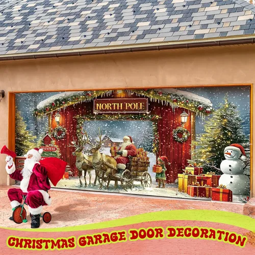 Miniatura 5 de Ganeen Cubierta de Banner para Puerta de Garaje de Navidad de 6 x 13 pies Polo Norte Árbol de Navidad Nevado Fondo de Fotografía Bosque de Invierno