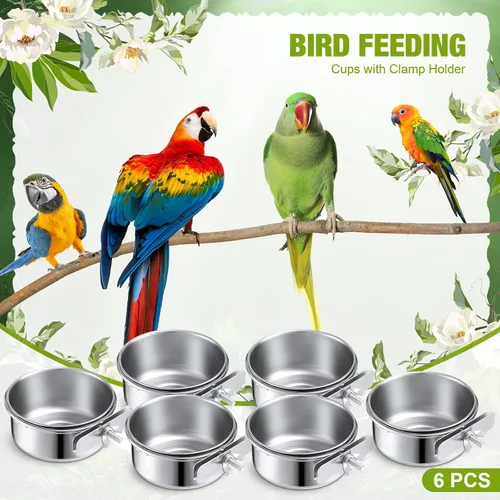 Miniatura 7 de Sabary Paquete de 6 cuencos de alimentación para pájaros, platos de agua de acero inoxidable con abrazadera de 10 onzas, comedero de agua