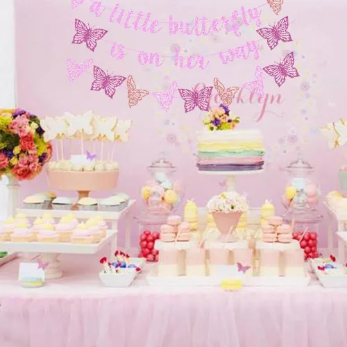 Miniatura 4 de Decoración de fiesta de baby shower con diseño de mariposa con purpurina rosa "A Little Butterfly Is On Her Way" para fiesta temática de mariposa