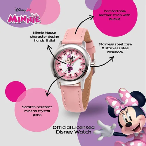 Miniatura 16 de Disney Minnie Mouse Watch for Girls – Cute Minnie Watch for Kids 3-5 with Stainless Steel Bezel & Pink Leather Strap – Adorable Mouse Watches