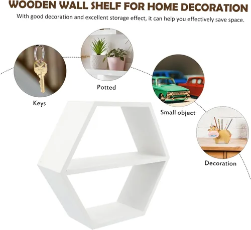 Miniatura 5 de IMIKEYA Estante de madera montado en la pared pequeño organizador de mesita de noche almacenamiento maceta soporte diseño hexagonal 1pc