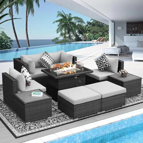 Miniatura 113 de NICESOUL Juego de muebles de patio para exteriores de 7 piezas con mesa para hoguera, gas natural y propano convertible, respaldo alto de 29.3