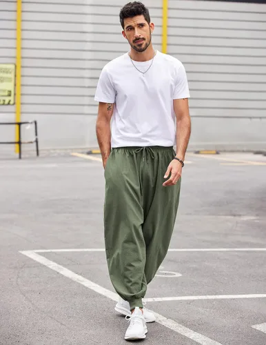 Miniatura 3 de COOFANDY Pantalones de harén hippie para hombre, holgados, de lino, bohemio, para yoga, casual, con entrepierna caída, pantalones