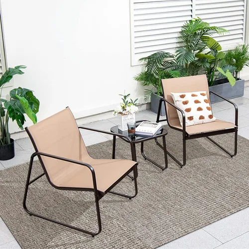 Miniatura 3 de Tangkula Juego de 3 piezas de conversación para patio, juego de silla y mesa de metal para exteriores, tela transpirable y mesa de vidrio templado