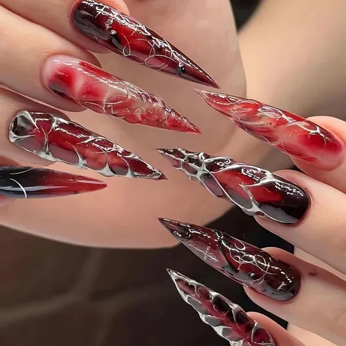 Miniatura 12 de Uñas postizas largas a presión estilo stiletto, uñas postizas francesas degradadas blancas, uñas postizas brillantes de cobertura completa