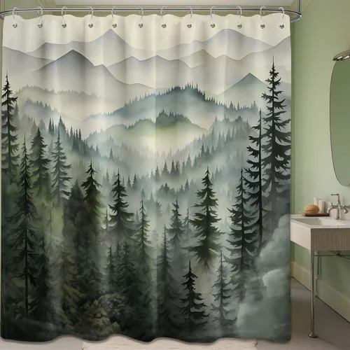 Miniatura 21 de Cortina de ducha azul marino de bosque Cortina de ducha azul oscuro de montaña y naturaleza para decoración de baño de hombres, tela impermeable