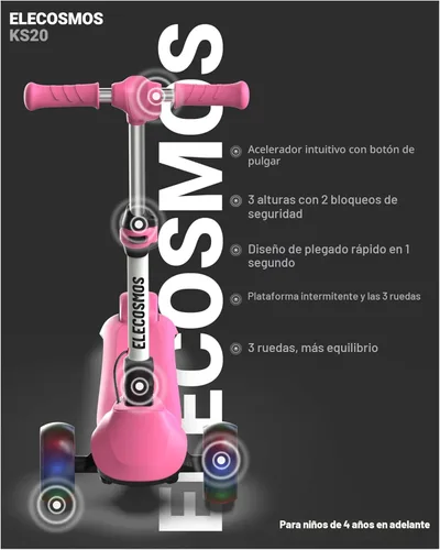 Miniatura 3 de ELECOSMOS Patinete Eléctrico Seguro para Niños de 4+, Equilibrio para Principiantes, Acelerador de Pulgar, Cubierta con Luces Intermitentes, Ruedas