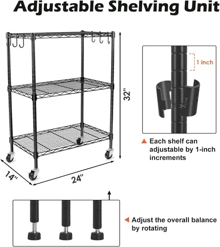 Miniatura 2 de WDT Estantes de almacenamiento de 3 niveles, estantes de metal resistente, estante ajustable con ruedas para el hogar, oficina, garaje, cocina