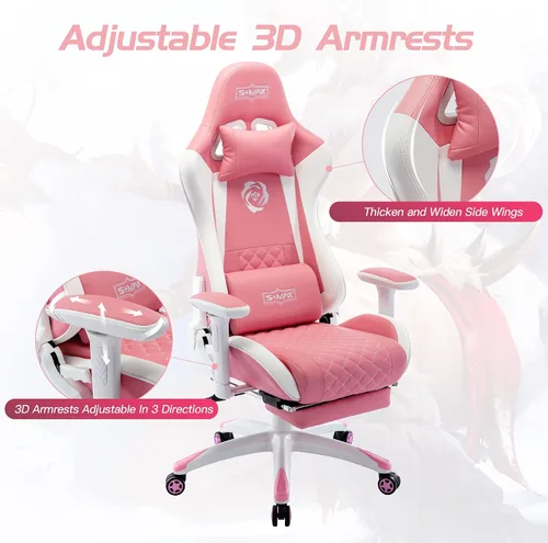 Miniatura 6 de S*MAX Silla de juegos con reposapiés, asiento grueso, silla ergonómica para juegos con reposabrazos 3D, sillas de jugador de piel sintética
