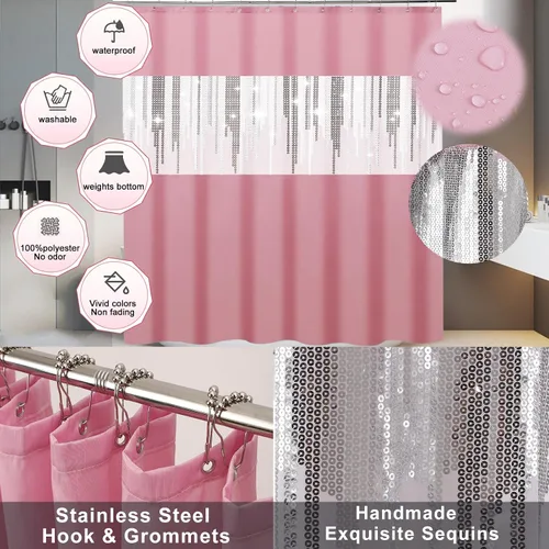 Miniatura 3 de Juego de accesorios de baño rosa con cortina de ducha y alfombras con purpurina, juegos de baño con alfombras de baño extrasuaves y absorbentes
