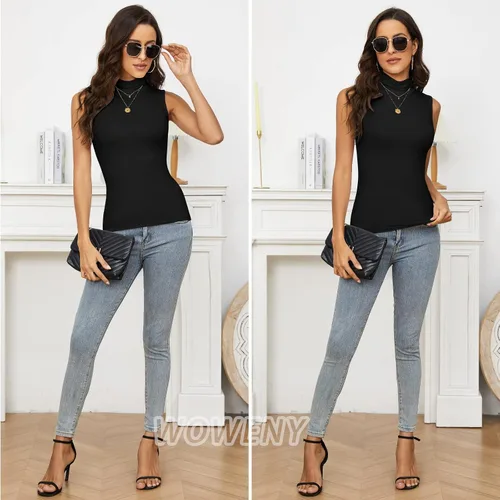 Miniatura 5 de WOWENY Camisetas de verano sin mangas para mujer, cuello alto, básicas, ajustadas, para negocios, casuales, sin mangas
