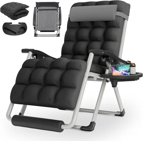 Miniatura 15 de MoNiBloom Silla reforzada de gravedad cero, tumbona plegable para piscina y playa, tumbona de bronceado portátil con cojín, reposacabezas y bandeja