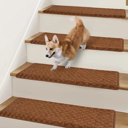 Miniatura 22 de Peldaños Bullnose Antideslizantes 9.5" x 30", 2 Piezas Peldaños de Alfombra para Escalones de Madera Interior con Protección de Bordes, Alfombras