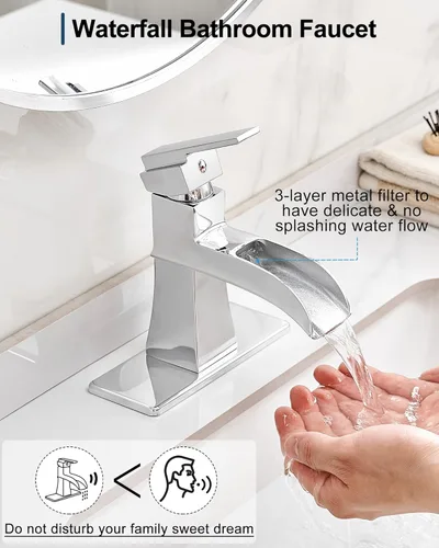 Miniatura 2 de Grifo de baño con cascada cromado, grifos de baño de latón de 4 pulgadas con un agujero o 3 agujeros, llave única con drenaje de PP, placa de Cromo