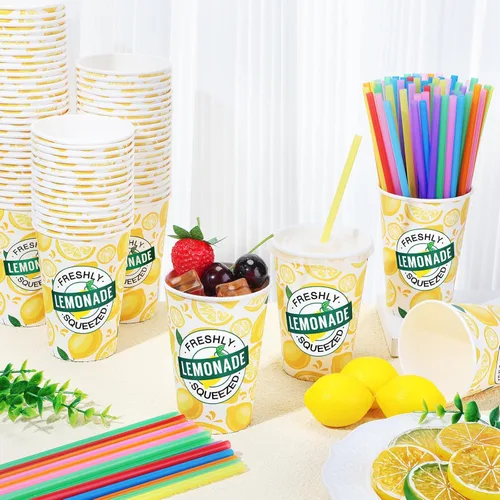 Miniatura 2 de Meanplan 300 piezas/100 juegos de vasos de limonada con tapas y pajitas, vasos desechables para fiestas, tazas de papel de limón, suministros