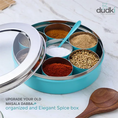 Miniatura 7 de DUDKI Homes - Caja Masala de acero inoxidable, caja de especias, Masala Dabba con organizador de cocina con tapa transparente con 7 recipientes