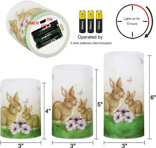 Miniatura 2 de Wondise Velas sin llama de conejo de Pascua con temporizador de 6 horas, velas de pilar a pilas con huevos de Pascua, lirios, velas LED parpadeantes