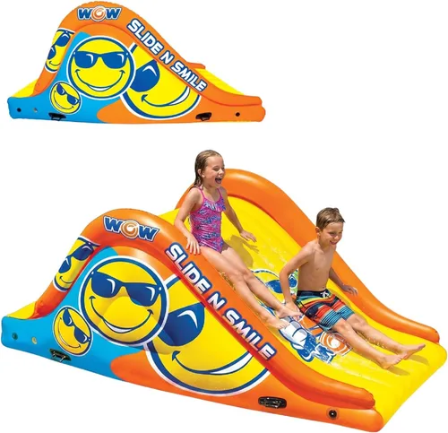 Wow Sports Slide N Smile Slide - Tobogán con diseño de cara feliz con 2 carriles, tobogán acuático flotante gigante para adultos y niños
