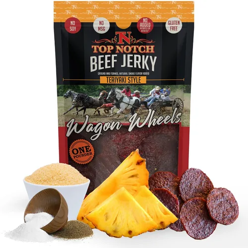 Miniatura 17 de Top Notch Wagon Wheels Jerky – Snacks altos en proteínas para niños y adultos hechos de carne de res criada localmente – Rondas sabrosas de carne