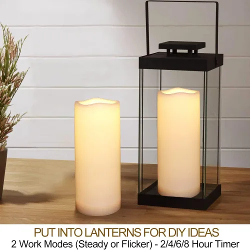 Miniatura 5 de Paquete de 2 velas LED blancas para exteriores de 3 x 8 pulgadas, sin perfume, IP65, impermeable, funciona con pilas, pilar sin llama con control