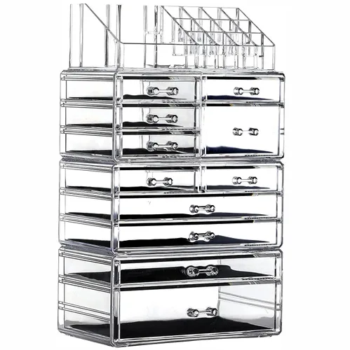 Cq acrylic Paquete de 4 organizadores de maquillaje transparentes, apilables, 11 cajones, organizador de cuidado de la piel, lindo organizador de