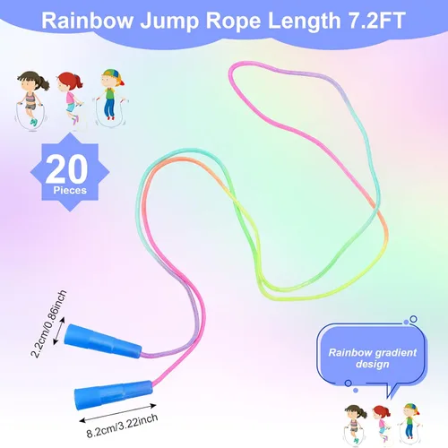 Miniatura 2 de Cuerda de saltar para niños, juego de 20 cuerdas de saltar arcoíris, cuerda de saltar ajustable de 7.2 pies, cuerdas de saltar duraderas con asas