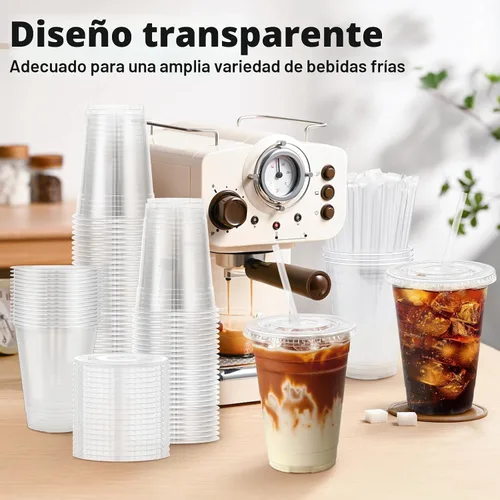 Miniatura 4 de Lamosi Paquete de 100 vasos de plástico transparente de 16 onzas con tapas y pajitas, tazas de café de plástico desechables con tapas para café