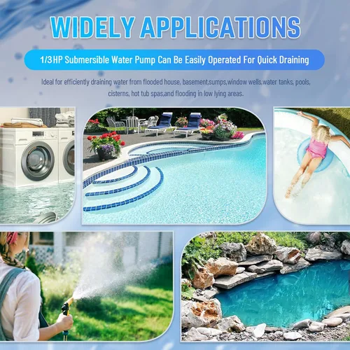 Miniatura 6 de Bomba de agua sumergible de 1/3 HP 2000 GPH Bomba de sumidero pequeña portátil para cubierta de piscina, sótanos, charcos, estanques de jardín